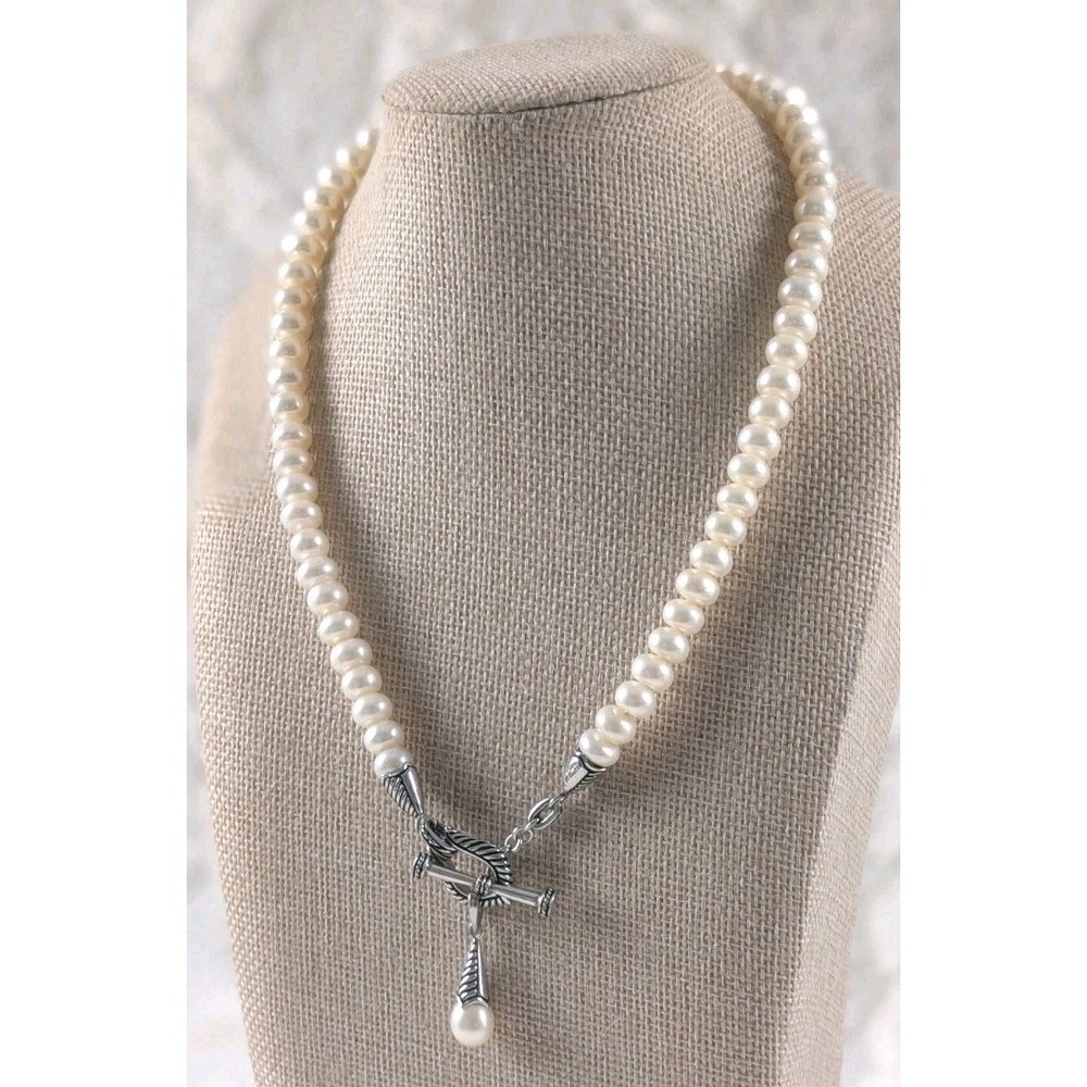 HONORA 925 Sterling Silver 8mm Rondelle Pearl Toggle Necklace 17" Dangle